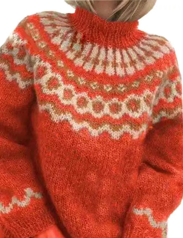 Warme dames coltrui met gedetailleerd Scandinavisch patroon. Ideaal voor herfst en winter, comfortabel en gezellig.