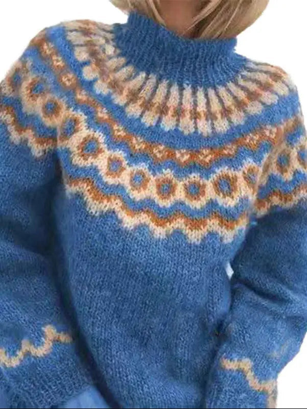 Zachte dames coltrui met prachtig Scandinavisch patroon. Perfect voor comfort en stijl tijdens koude maanden.