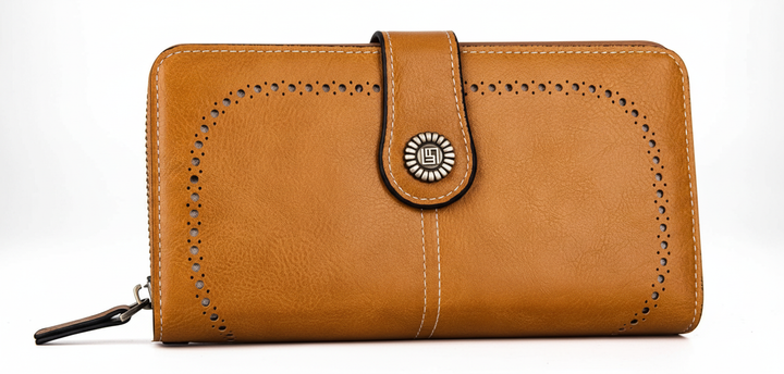 Compacte dames portemonnee met polsband, kunstleer en handige indeling, elegant design.