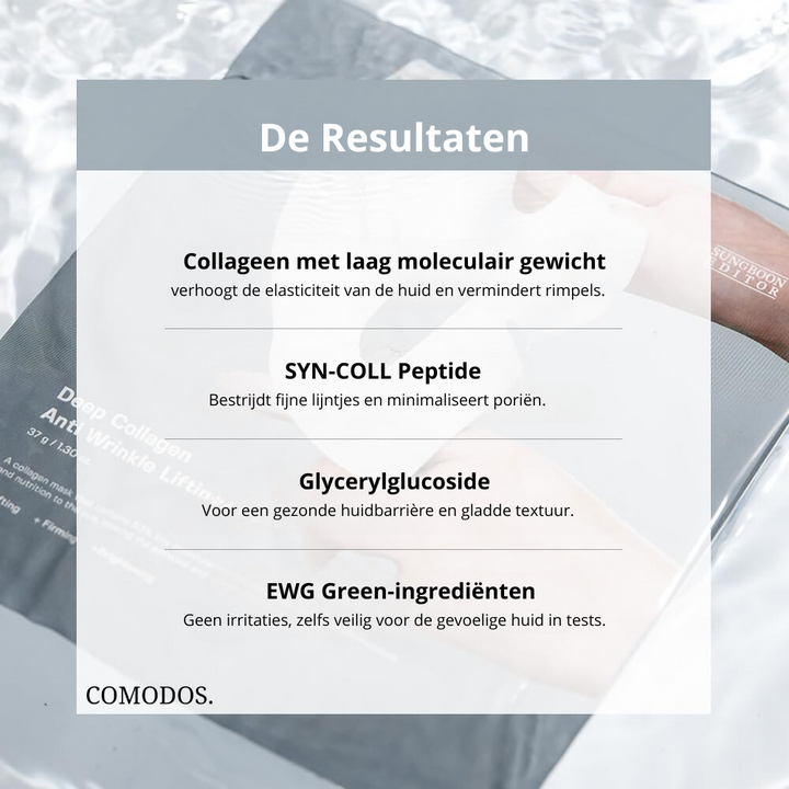 Close-up van de rijke textuur van het collageen nachtmasker. Bevat probiotica en hyaluronzuur voor diepe hydratatie.