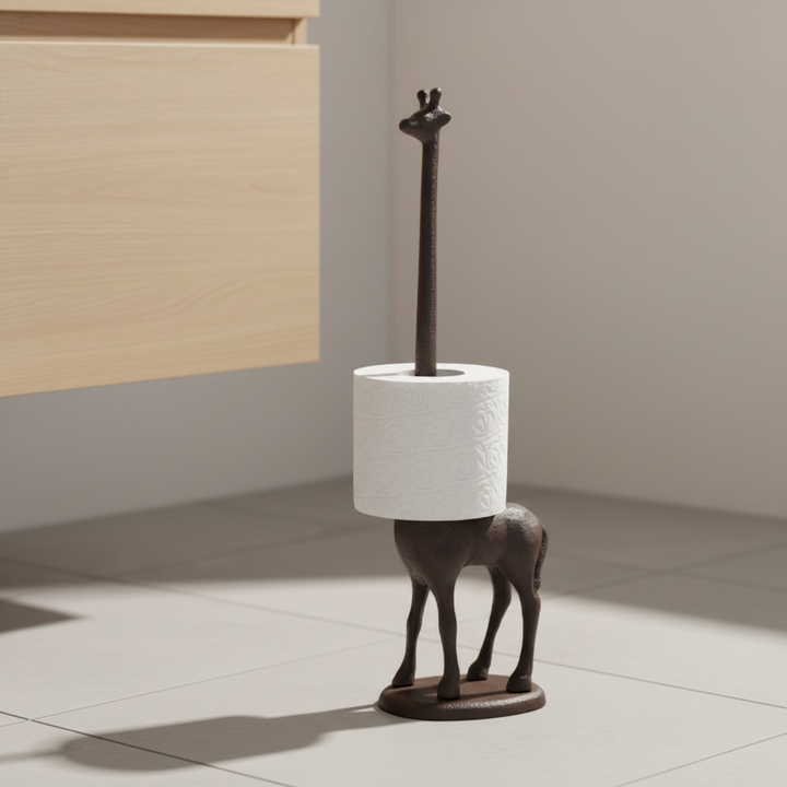 Vrijstaande decoratieve giraffe toiletrolhouder van stevig gietijzer; speelse badkameraccessoire.