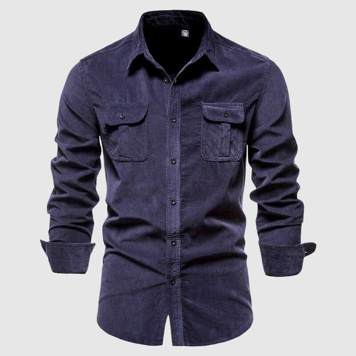 Luxe heren denim polo overhemd met lange mouwen en functionele dubbele borstzakken, comfortabele pasvorm.