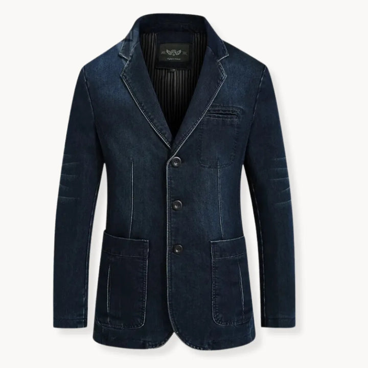Heren denim blazer met reverskraag en opgestikte zakken; perfect voor smart-casual lente en zomer outfits.