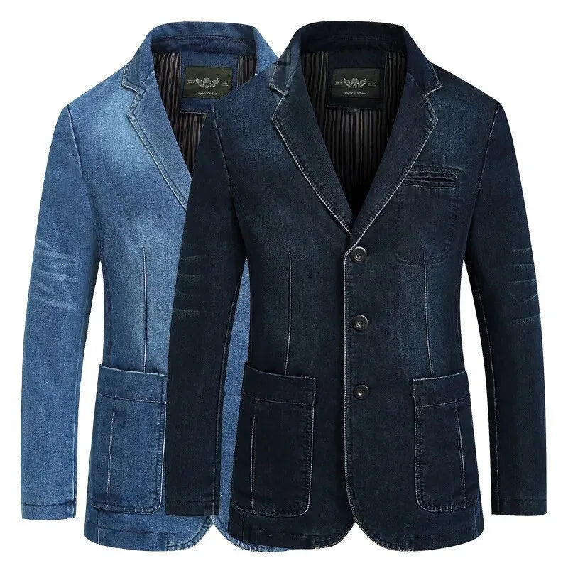 Comfortabele heren denim jas; bovenkleding met reverskraag en opgestikte zakken. Geschikt voor alle seizoenen.