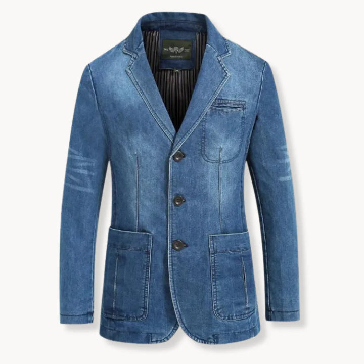 Veelzijdige heren denim blazer met reverskraag en opgestikte zakken, perfect voor een casual of smart-casual look.