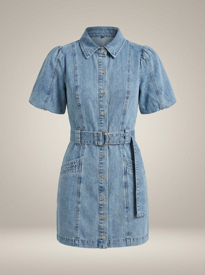 Casual-elegante zomerjurk voor vrouwen, met ceintuur, korte mouwen en knoopsluiting voor dagelijkse kleding.