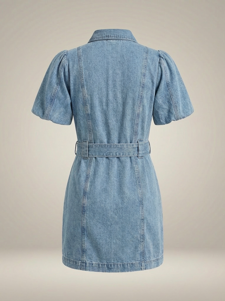 Modieuze getailleerde damesjurk in blauw met korte mouwen en stijlvolle knoopsluiting, ideaal als zomerjurk.