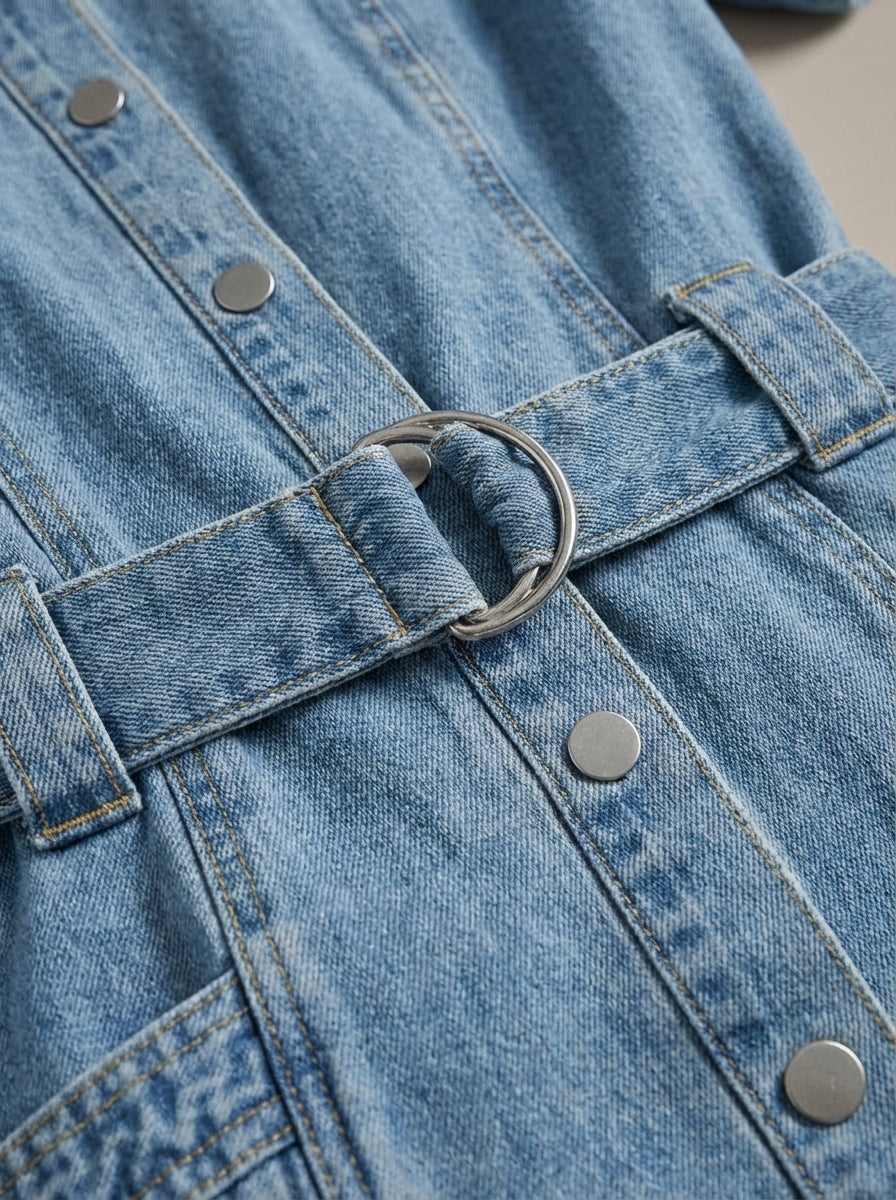 Veelzijdige blauwe jurk voor vrouwen met flatterende taille, comfortabele korte mouwen en praktische knoopsluiting.