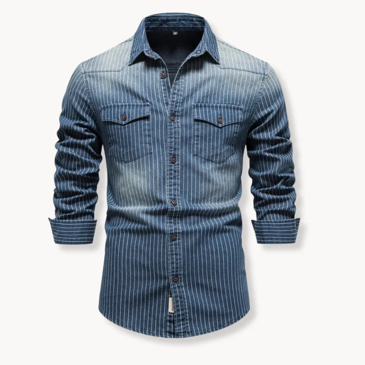 Casual heren denim overhemd met lange mouwen, gestreept dessin en borstzakken; ideaal voor lente en zomer.