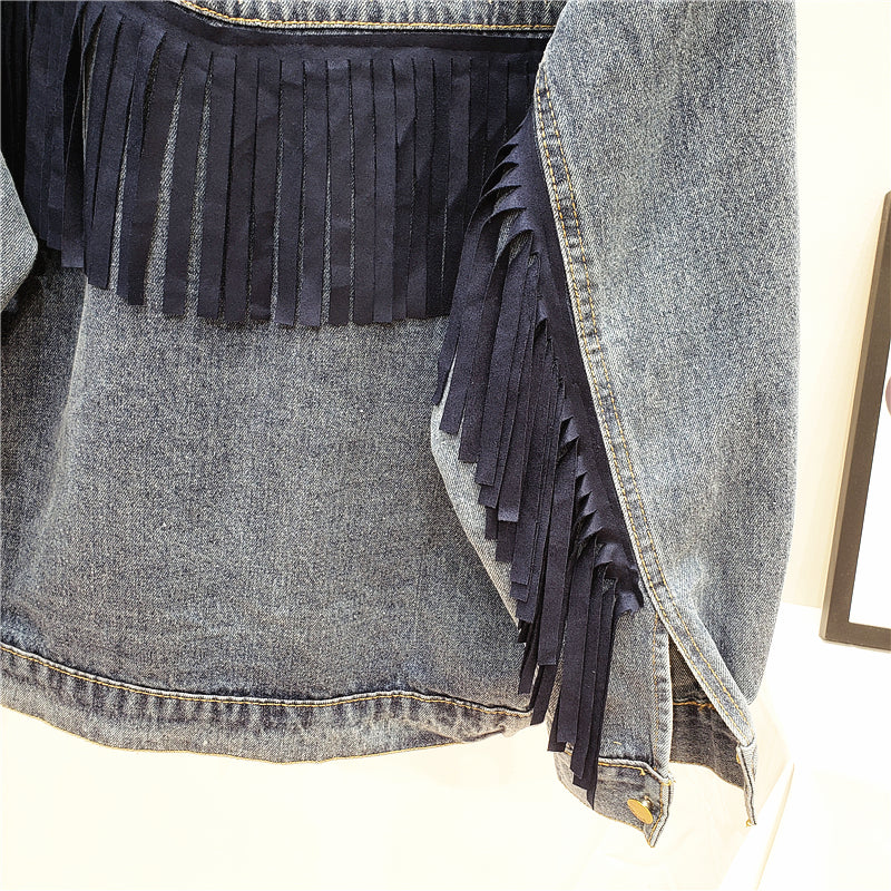 Elegant hangend damesjack, bohemian bloemenprint, navy, met franjes; klaar om te dragen.