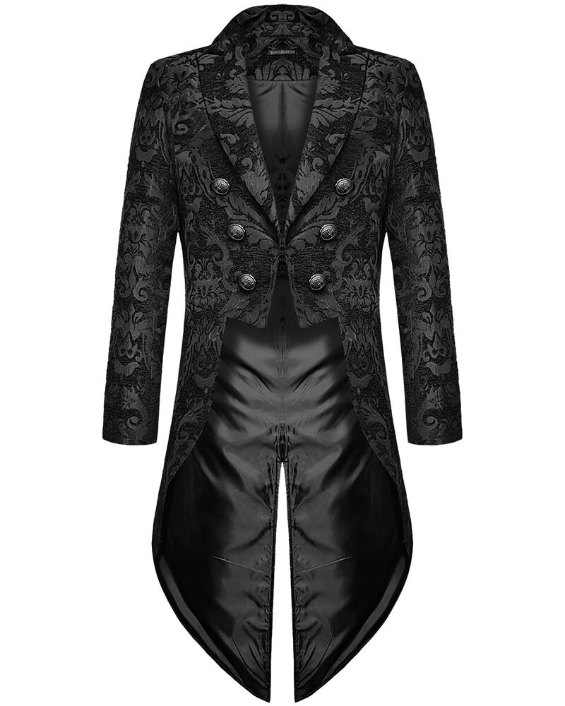 Elegante zwarte heren gothic jas Victor met rijk brokaatontwerp, perfect voor speciale gelegenheden en themafeesten.