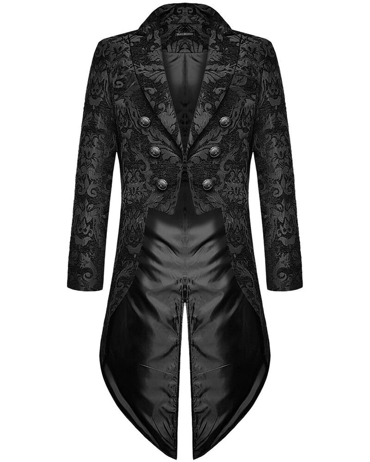 Elegante zwarte heren gothic jas Victor met rijk brokaatontwerp, perfect voor speciale gelegenheden en themafeesten.