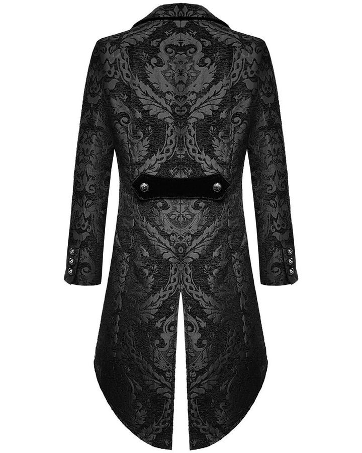 Zwarte gothic tailcoat herenjas met brokaat, ideaal voor steampunk events, formele diners of themafeesten.
