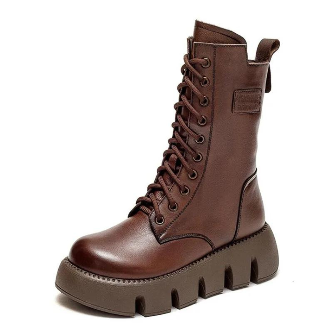Modieuze dames winterlaarzen: comfortabele plateau combatlaarzen met veter, antislip en voetondersteuning.