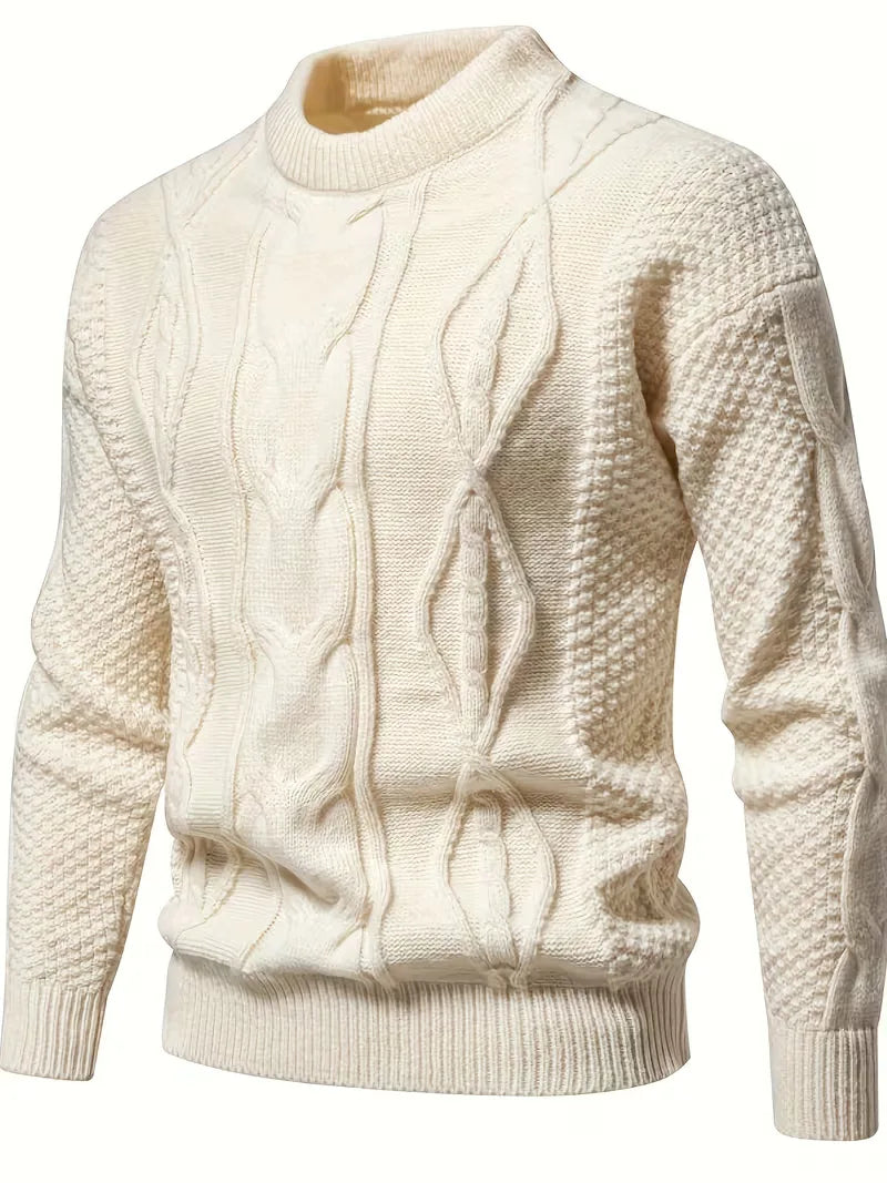Modieuze heren crew-neck trui, jacquard gebreid, lange mouw, casual herfst/winter kleding.