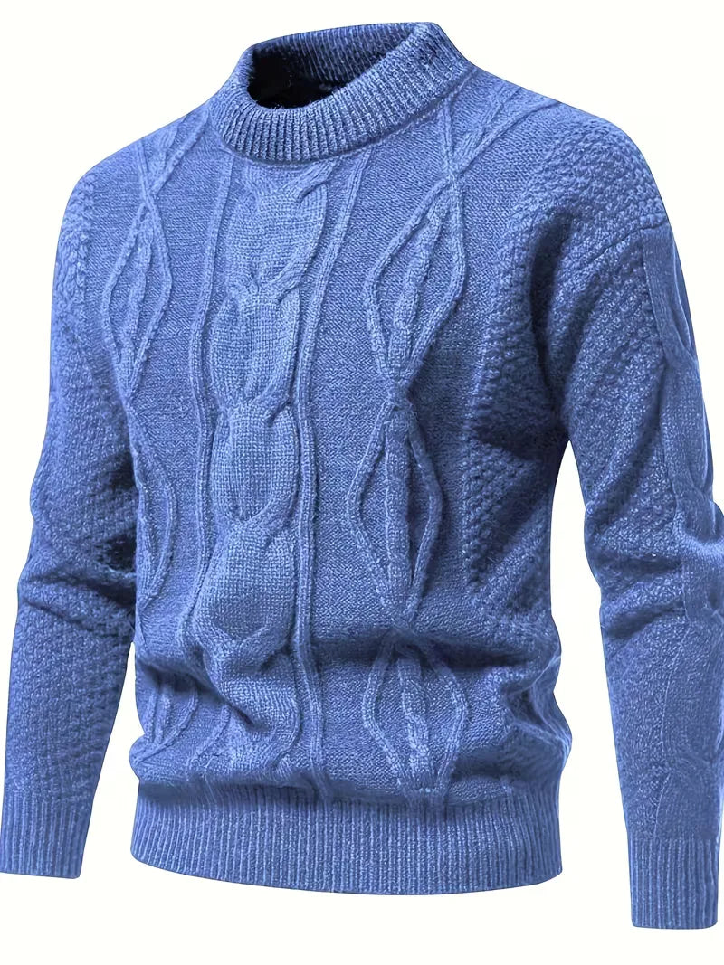 Warme heren crew-neck trui, gebreid jacquard design, lange mouw, comfortabel en stijlvol.