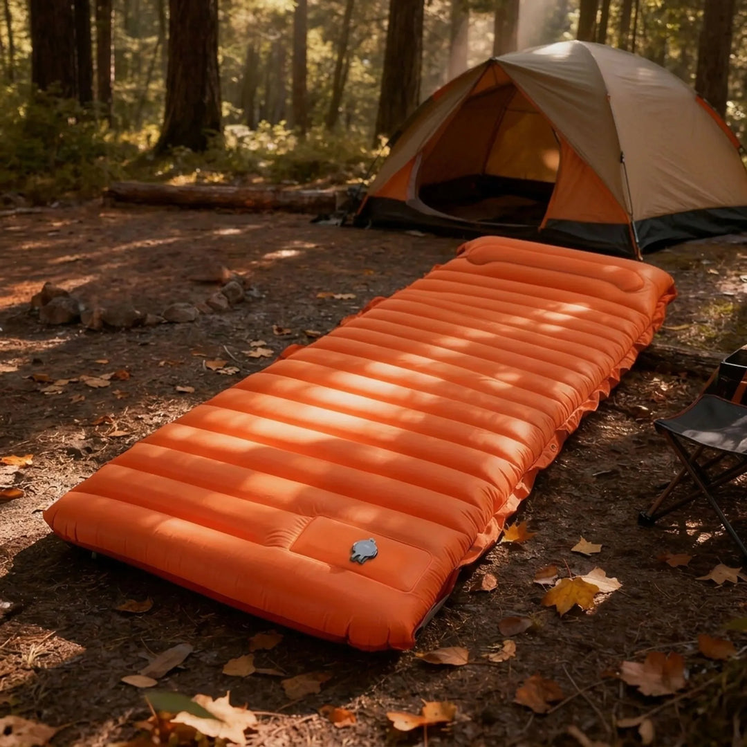 Zelfopblazende slaapmat met kussen, 10 cm dik. Ideaal voor comfortabel kamperen, outdoor en trektochten.