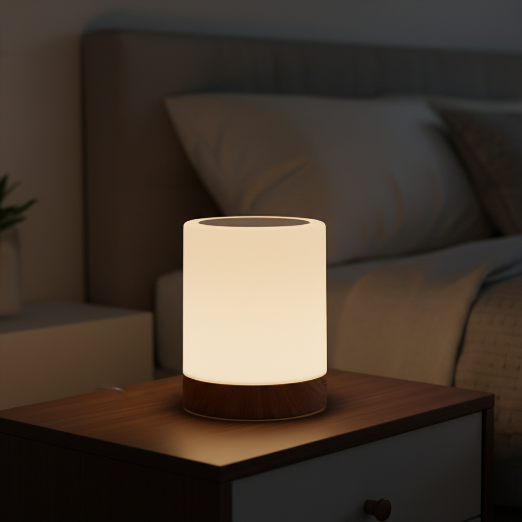 Modern dimbaar LED nachtlampje Ambienceo voor rustgevende sfeer in slaapkamer of woonkamer, touchbediening.