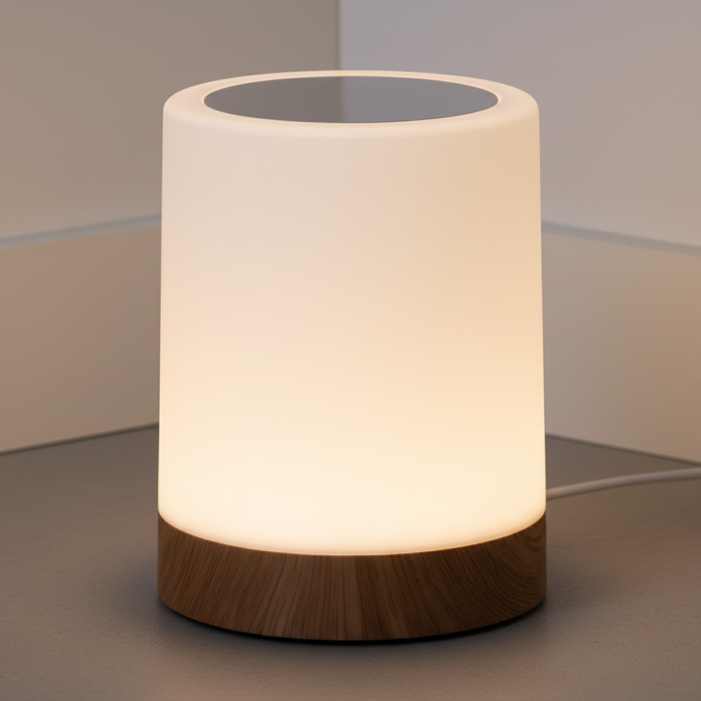 Stijlvol dimbaar Ambienceo LED nachtlampje met touchbediening, perfect als moderne sfeerverlichting op tafel.