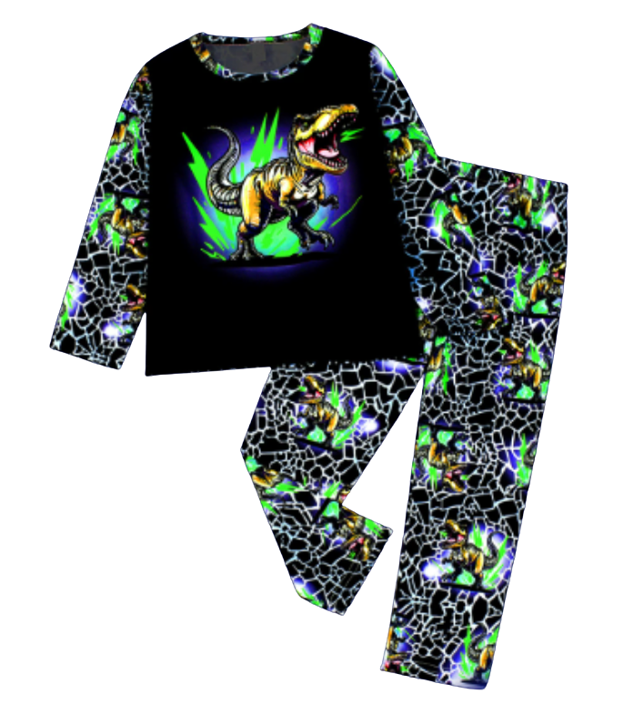 Kinderpyjama set met glow-in-the-dark dinosaurus print, perfect voor comfortabele nachten en stralende dromen.