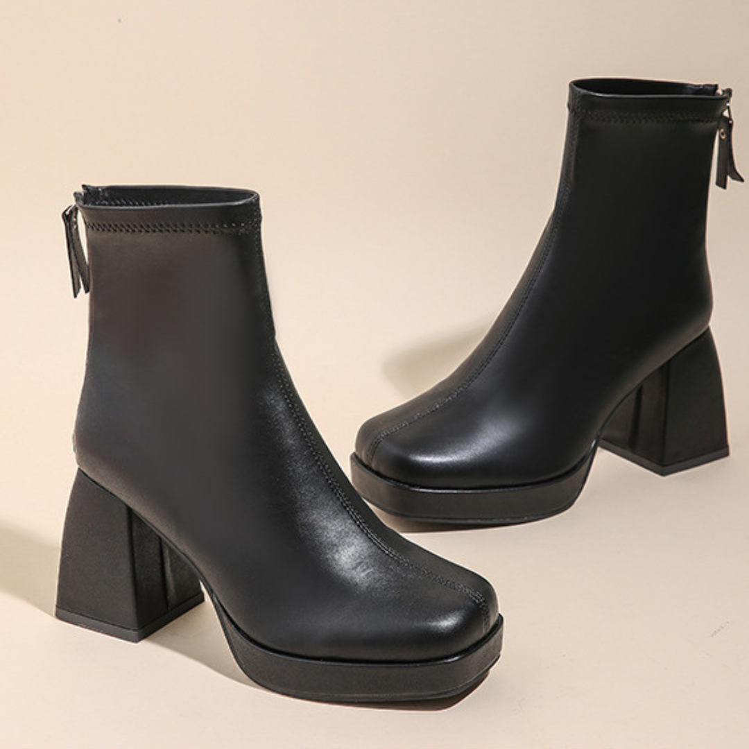 Dames glamour platform enkellaarsjes met stevige blokhak, comfortabel en modieus voor winter.
