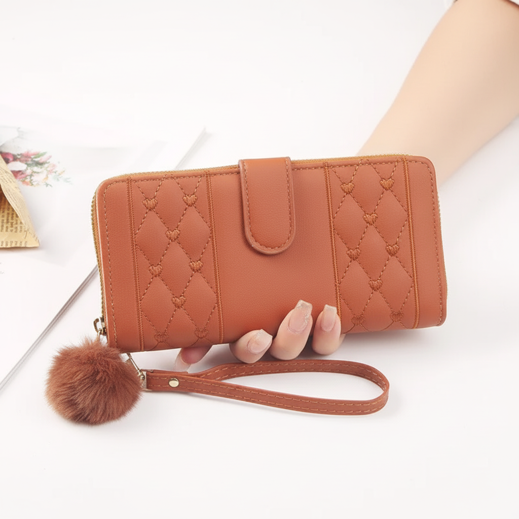 Luxe lange portemonnee voor dames, hartdetail, van hoogwaardig PU-leer, voor een georganiseerde tas.