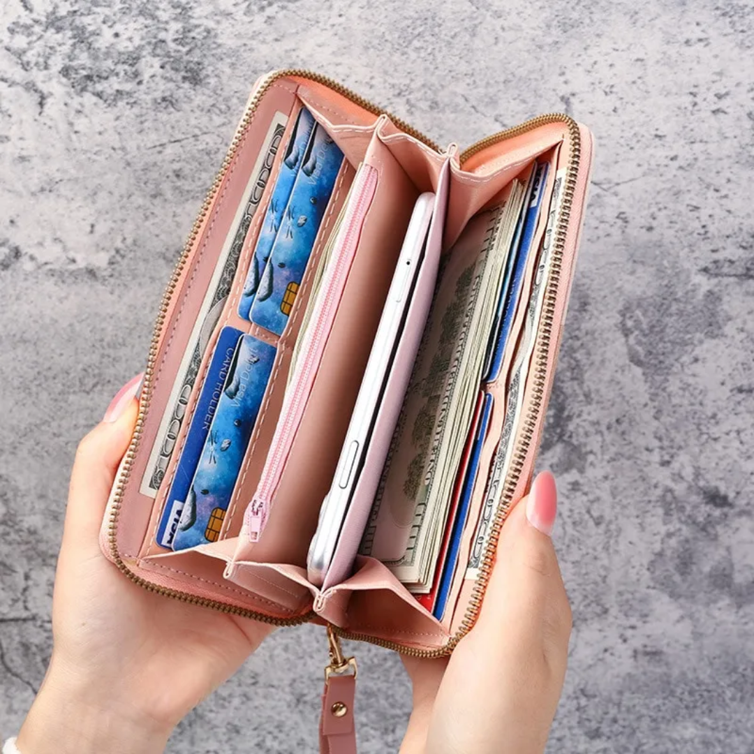 Roze dames lange portemonnee met trendy geometrisch design. Gemaakt van duurzaam PU leer, perfecte accessoire.