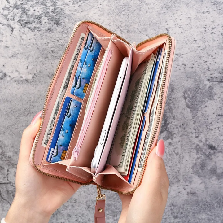 Roze dames lange portemonnee met trendy geometrisch design. Gemaakt van duurzaam PU leer, perfecte accessoire.