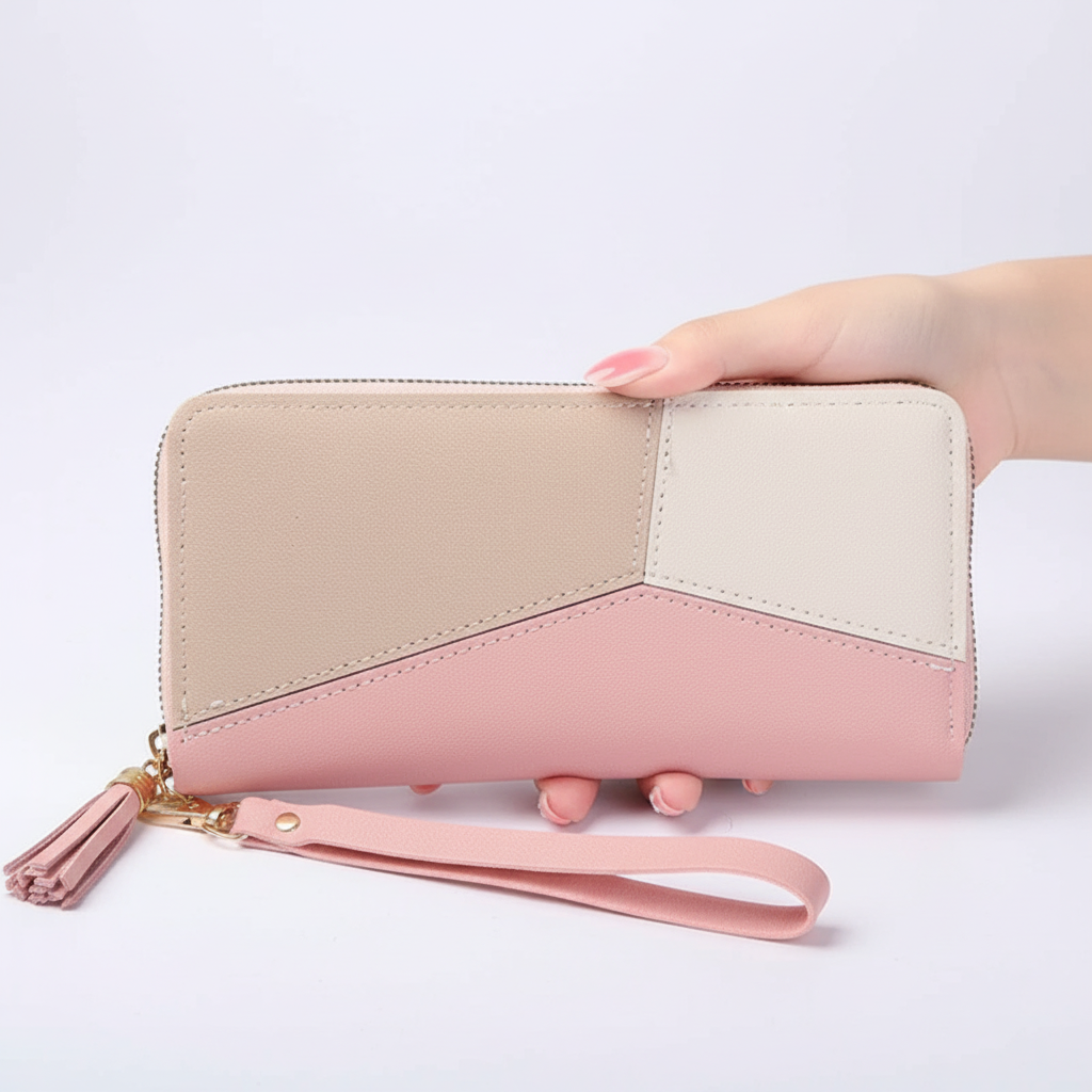 Geometrische dames lange portemonnee in zwart, blauw of roze. Trendy PU leren pasjeshouder en elegante accessoire.