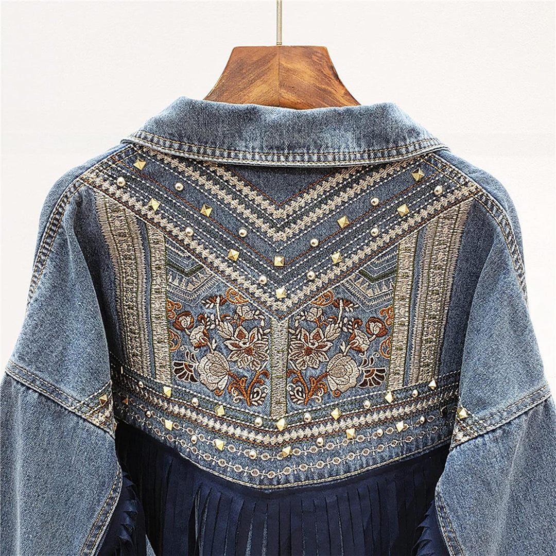 Navy damesjack, bohemian stijl, zachte stof met bloemenprint, franjesdetails voor een casual look.