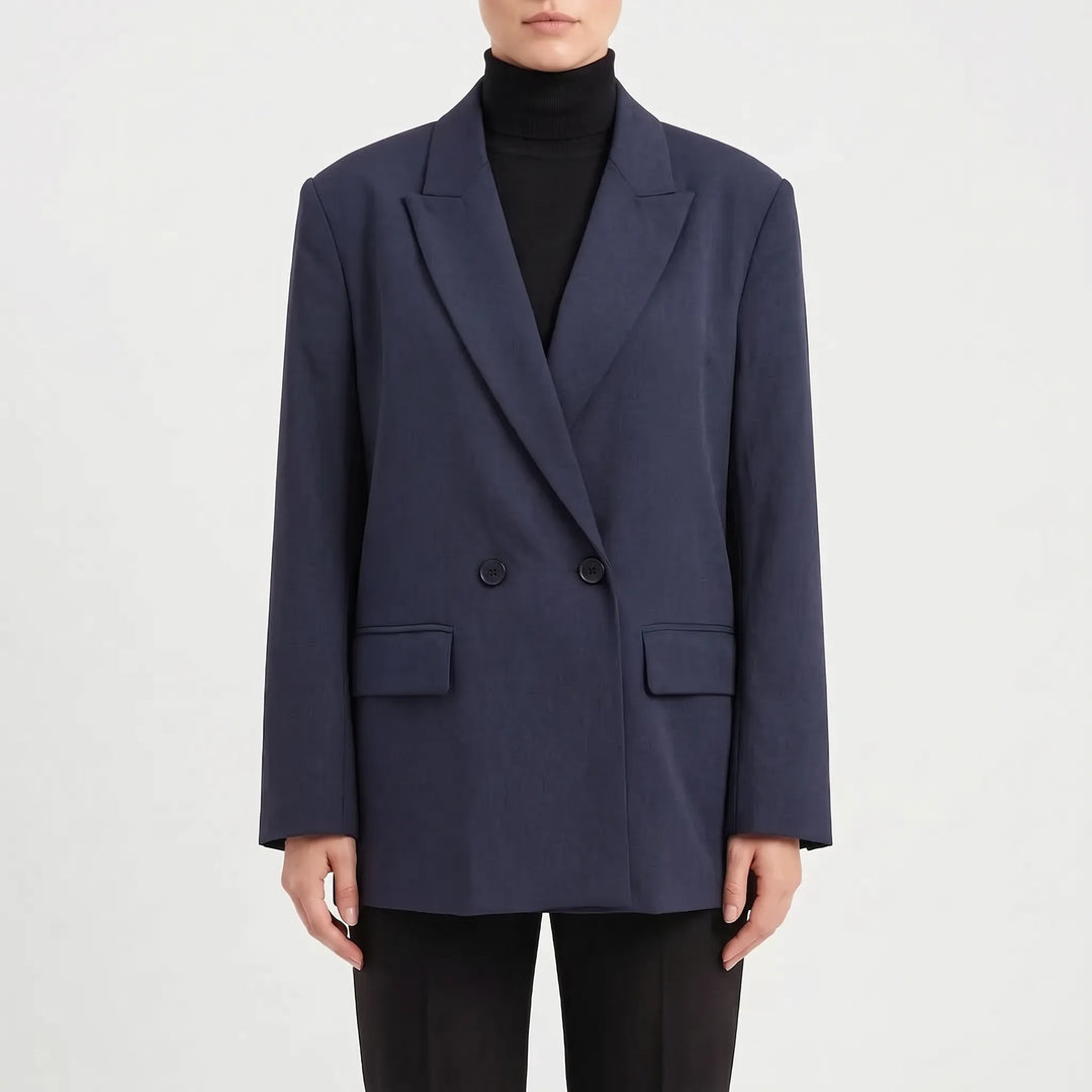 Veelzijdige dames double-breasted blazer, geschikt voor zakelijk, casual en herfstmode. Comfortabel en stijlvol.