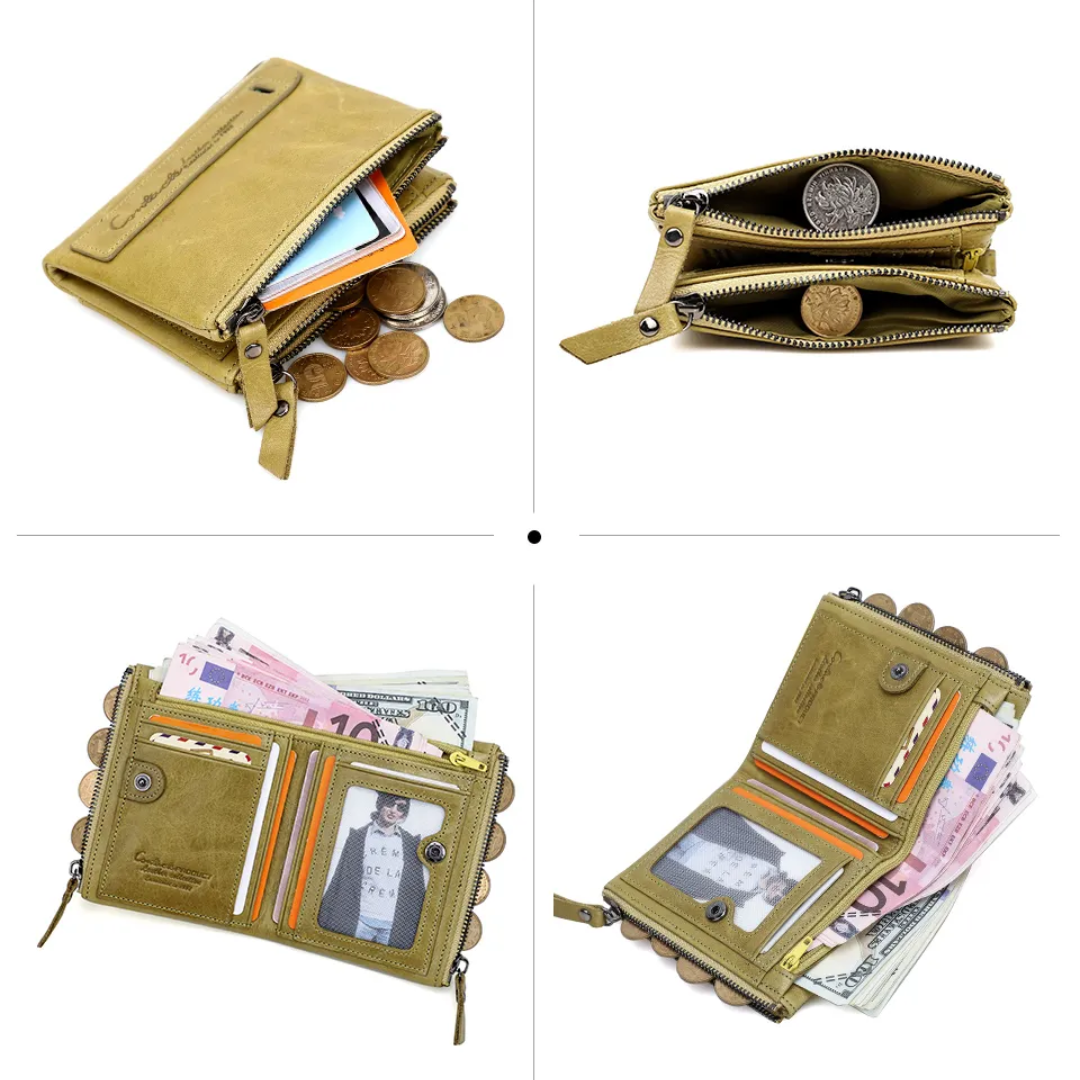 Elegante felgroene dames portemonnee met dubbele ritssluiting, compact en functioneel.