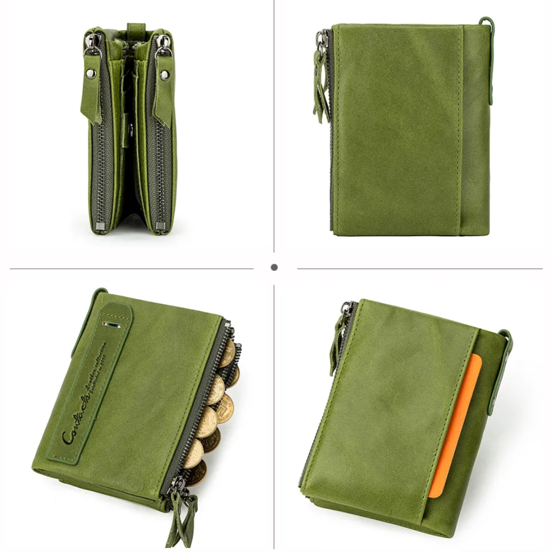 Felgroene compacte dames portemonnee, dubbele rits, perfect voor onderweg, inclusief kaarthouder.