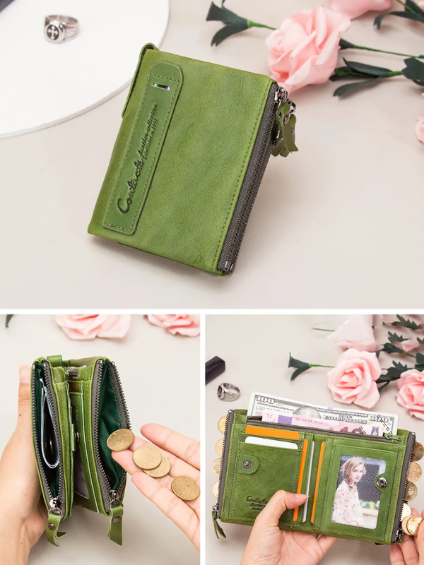 Grijze leren dames portemonnee, compact design, dubbele ritssluiting en voldoende kaartsleuven.