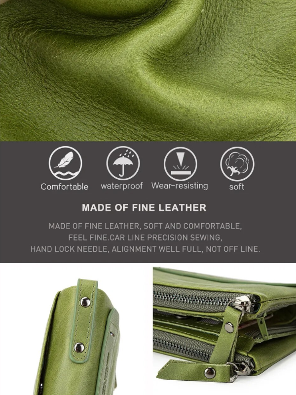 Groene leren dames portemonnee, compact formaat, dubbele ritssluiting; een trendy accessoire.
