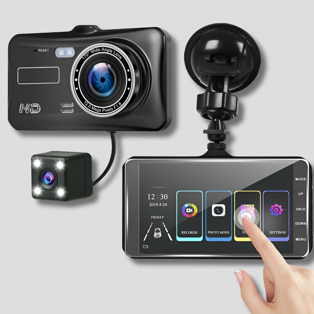 Draadloze dashcam met voor- en achtercamera, Full HD opname en nachtzicht voor optimale autobewaking.