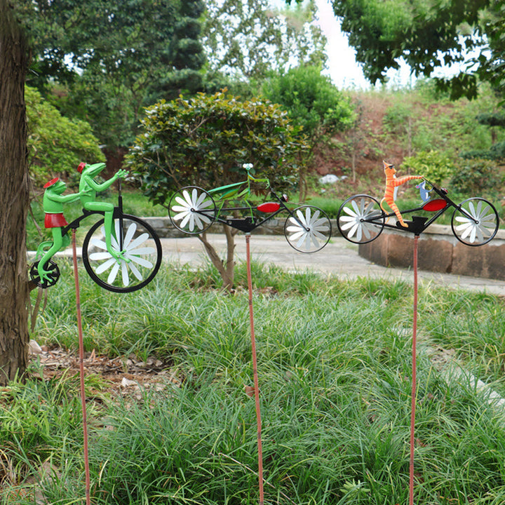 Tuindecoratie windmolen fietsend dier, speels tuinornament van roestvrijstaal, perfecte tuinsteker voor buiten.