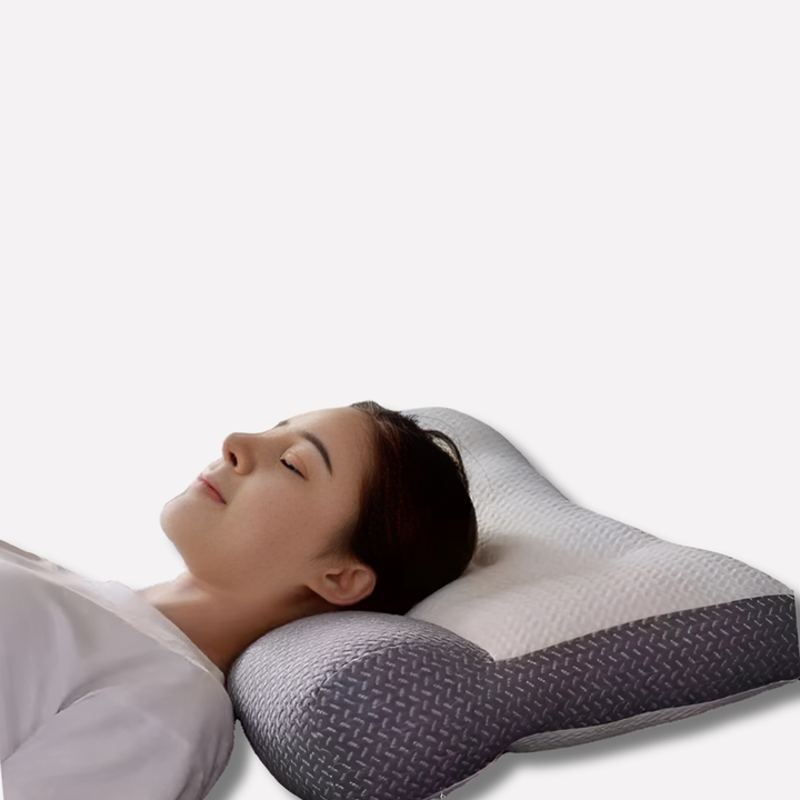 Detail van zacht, ademend textiel ergonomisch hoofdkussen. Biedt slaapcomfort en ontspanning voor nek en schouders.