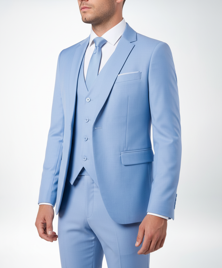 Comfortabel en stijlvol Frederik driedelig slimfit herenpak. Geschikt voor een complete zakelijke of formele garderobe.
