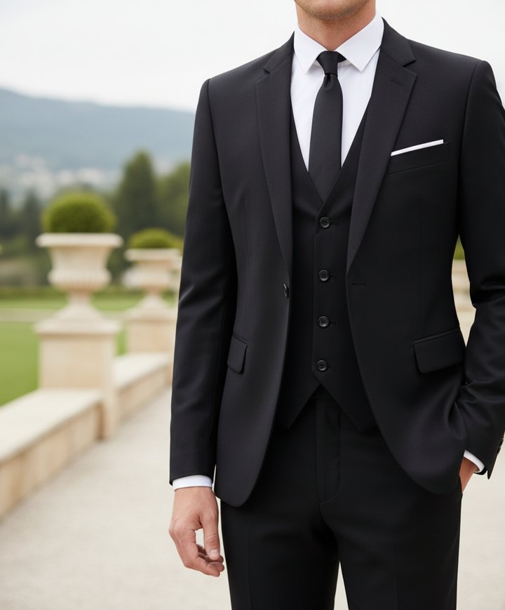 Man in elegant Frederik driedelig herenpak. Compleet met colbert, gilet en pantalon; ideaal voor formele en zakelijke gelegenheden.