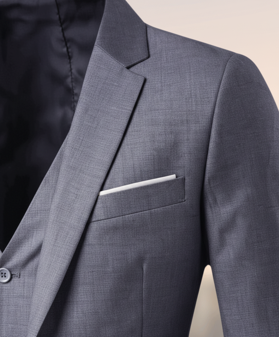 Gedetailleerde weergave van de hoogwaardige stof van het Frederik driedelig herenpak. Elegantie voor elke formele gelegenheid.