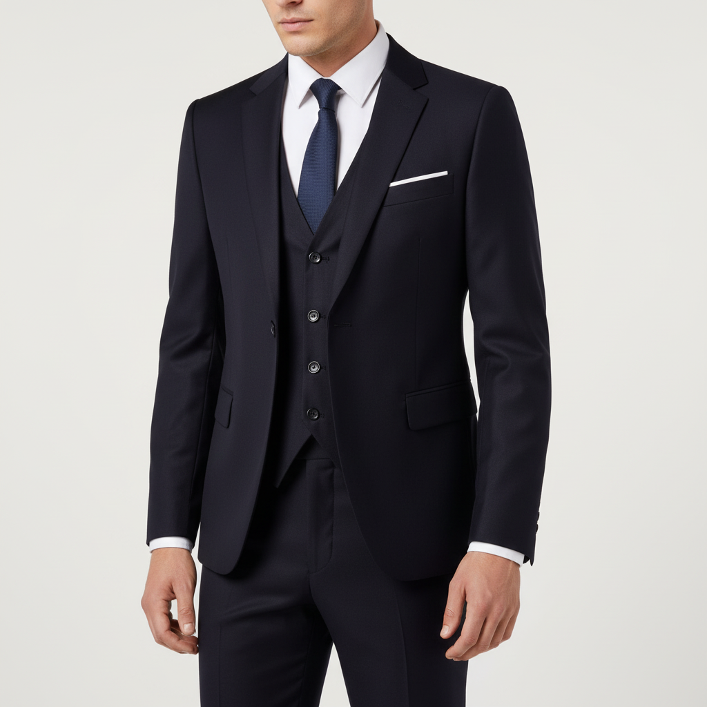 Volledige look van het Frederik driedelig herenpak. Stijlvolle combinatie van colbert, gilet en pantalon voor een nette uitstraling.