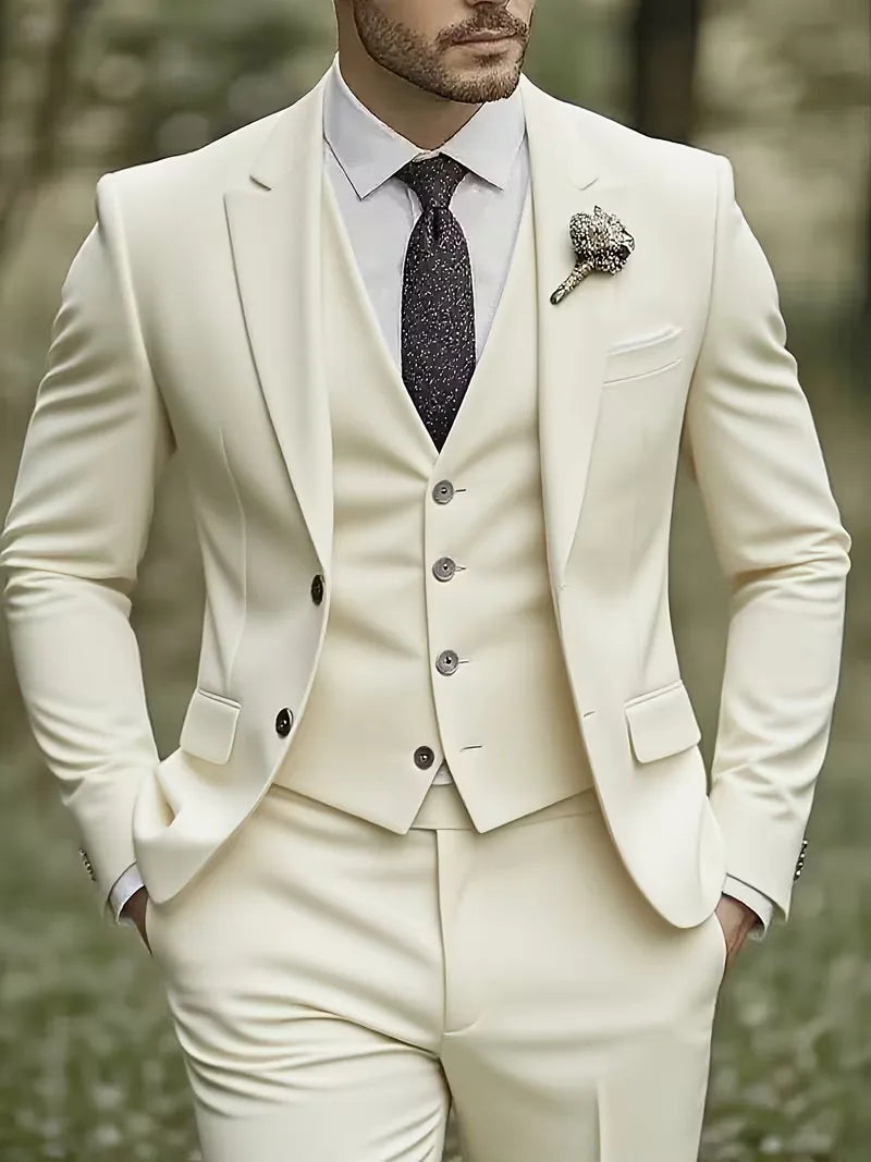 Heren driedelig slim fit pak, elegant en glanzend, ideaal voor bruiloft of zakelijke evenementen.