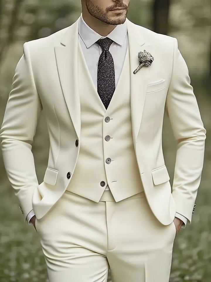 Heren driedelig slim fit pak, elegant en glanzend, ideaal voor bruiloft of zakelijke evenementen.