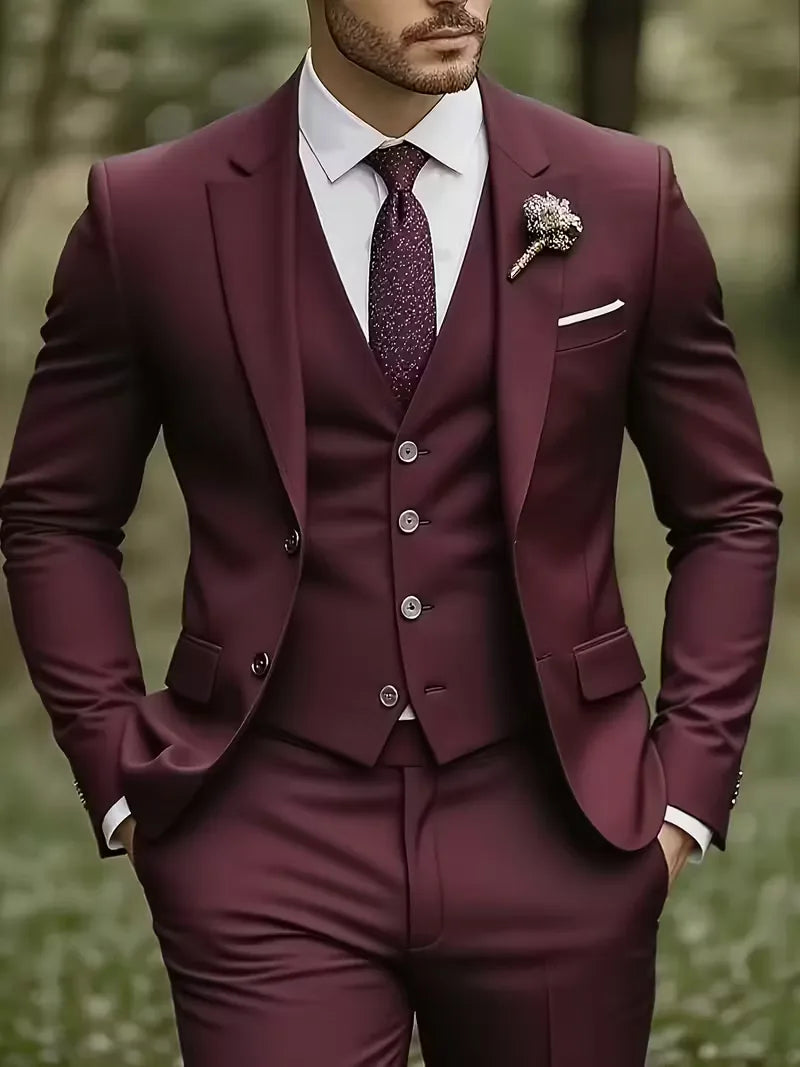 Een compleet herenpak, driedelig slim fit, met een luxueuze glanzende finish voor speciale dagen.