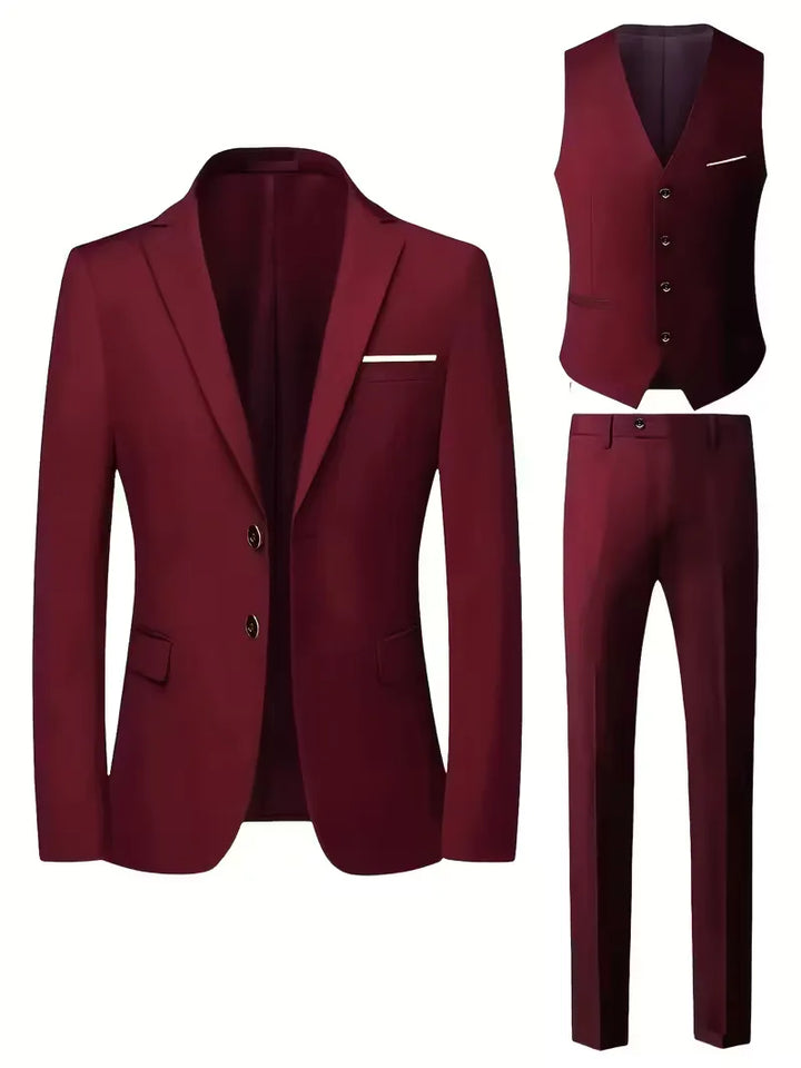 Elegant glanzend herenpak, driedelig en slim fit, ideaal voor een onvergetelijke bruiloft outfit.