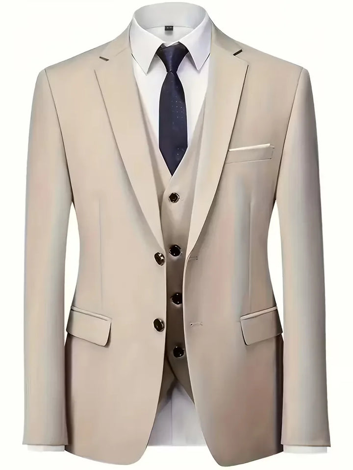 Stijlvol herenpak met glanzende afwerking; compleet driedelig slim fit voor een formele look.