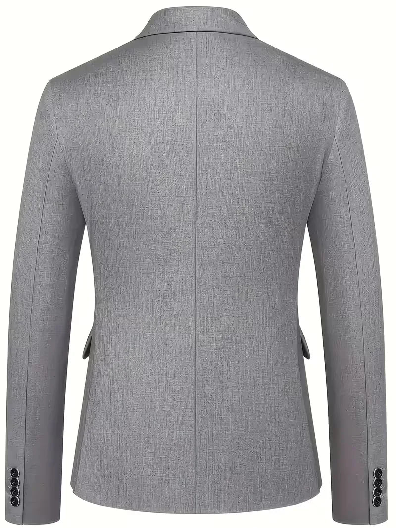 Een prachtig herenpak, driedelig, slim fit, met diepe glans, ideaal voor ceremoniële gelegenheden.