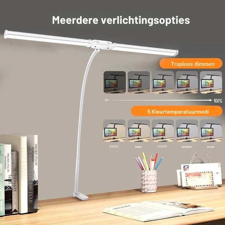 Moderne zwarte LED kantoorlamp met twee flexibele armen en dimbare functies. Essentieel voor een productieve werkplek.