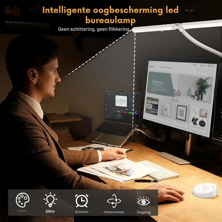 Witte dubbele LED tafellamp met flexibele armen, perfect voor studeren of werken. Dimbare verlichting en modern design.